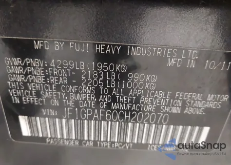 2012 Subaru Impreza 2.0I Premium z USA, uszkodzony, nr VIN JF1GPAF60CH202070